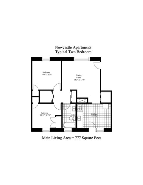 Floor plan for 2 beds, 1 bath, 834 sqft